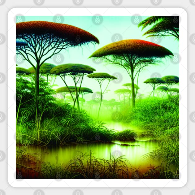 Landscape Painting with Tropical Plants and Lake, Scenery Nature Sticker by Promen Art